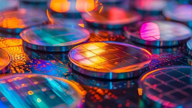 Closeup of silicon microchip wafers in context of U. Concept Silicon Wafers, Microchip Technology, Semiconductor Manufacturing, Closeup Photography, Industrial Context