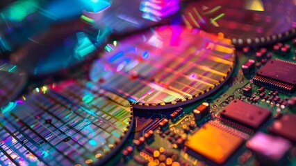 A Detailed Look at Silicon Microchip Wafers in the Context of Technology. Concept Microchip semiconductor, Silicon wafer fabrication, Technology advancements, Electronic devices manufacturing