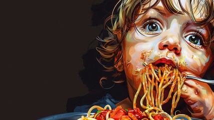 Design an eye-catching vector artwork portraying a unique wide-angle view of a child relishing spaghetti The bold and colorful illustration should be set against a striking black backdrop, creating a