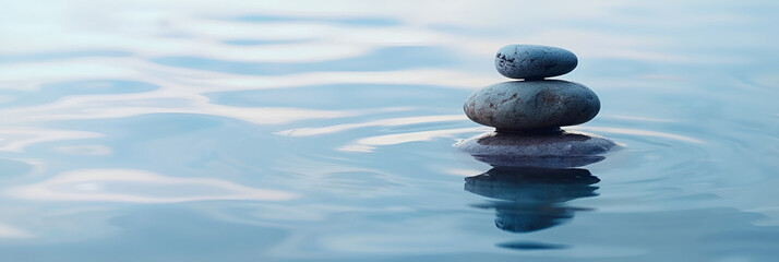 Rock Stones Balanced Calmly with Water Background, Concept of Harmony and Balance in Nature, Tranquil Zen Scene, Generative AI

