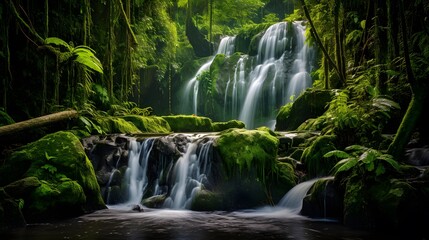 Panoramic image of a beautiful waterfall in the rainforest.