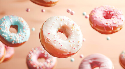 Flying colorful donuts with sprinkles on peach background. National Donut Day. Copy space