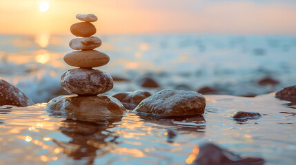 Rock Stones Balanced Calmly on Water Surface, Tranquil Zen Scene with Stacked Pebbles, Serene Rock Formation in Calm Water, Generative AI

 - Powered by Adobe