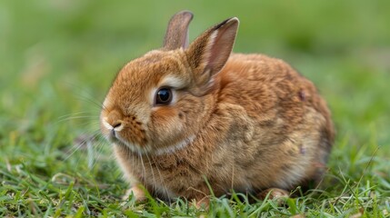   A small brown rabbit sits atop a lush, green field, surrounded by another expanse of green grass