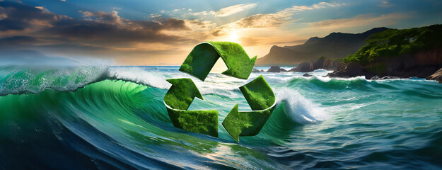 Conceptual image of green recycling symbols emerging from an ocean wave at sunset.