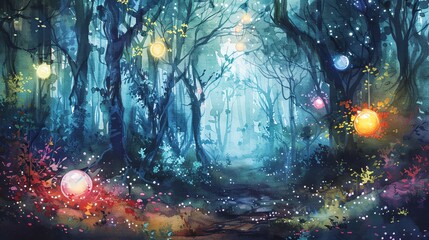 Illustrate a mystical forest scene with magical glowing orbs scattered around, casting beams of light that symbolize hope and guidance, in a detailed watercolor painting with vibrant colors and delica