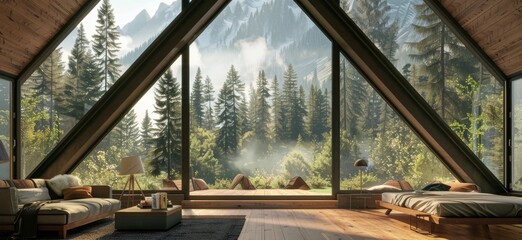 Fototapeta premium Serene A-frame cabin interior with expansive windows overlooking lush forest