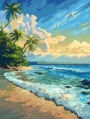 Fototapeta na wymiar 2d illustration of tropical beach with palm trees, beach background
