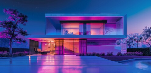 Futuristic smart home illuminated at night with vibrant lighting