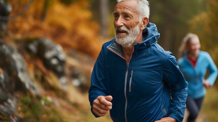 Fototapeta premium A senior man runs energetically on a forest trail amidst autumn leaves, showing vitality and joy