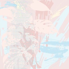 Fototapeta premium Abstract background with elements of tropical plants in mixed media (acrylic, pen, gouache) in pastel colors. Ideal for branding, website creation, printing, photo wallpaper and textiles, scrapbooking