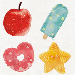 set icon sweet of ice cream apple donut and star.summer style.vector illustration 