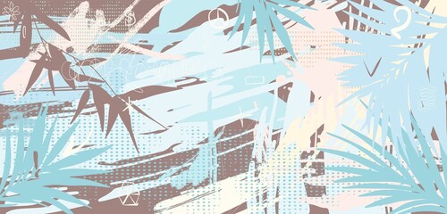 Abstract background with elements of tropical plants in mixed media (acrylic, pen, gouache) in pastel colors. Ideal for branding, website creation, printing, photo wallpaper and textiles, scrapbooking