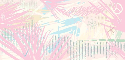 Abstract background with elements of tropical plants in mixed media (acrylic, pen, gouache) in pastel colors. Ideal for branding, website creation, printing, photo wallpaper and textiles, scrapbooking