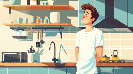 Worried young man in kitchen style vector design