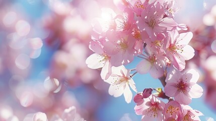   A branch of a cherry tree is adorned with a multitude of pink flowers blooming on a sunny day