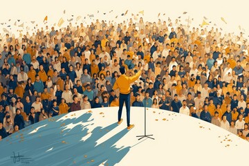 illustration of an individual standing on stage, holding up the microphone and speaking to hundreds or thousands of people in front of him. The crowd is composed of silhouettes