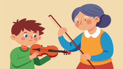 A young boy listens intently as his greataunt plays traditional folk songs on her fiddle learning about his familys cultural heritage. Vector illustration