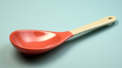 A red spoon with a wooden handle resting on a blue surface