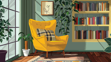 Yellow armchair with pillow and plaid in interior