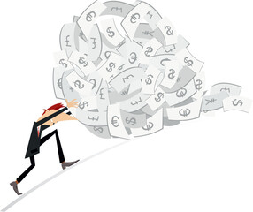 Success in business. Gambling. Lottery. 
Happy businessman rolls up a big pile of money. Business concept illustration
