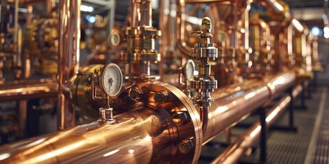Boiler Room Copper Pipeline: Detail and Precision - Industrial Equipment, Modern Brewery, Shiny Pipes, Gauge Close-Up