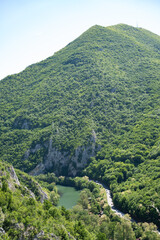 Ovcar and Kablar mountains new West Morava river in Serbia, view of natural park, rocks, trees and fields of grass. Protected Serbian natural park.