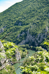 Ovcar and Kablar mountains new West Morava river in Serbia, view of natural park, rocks, trees and fields of grass. Protected Serbian natural park.