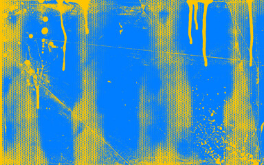 Graffiti punk style grunge banner with distress texture, ink drips and splashes. Blue and yellow colored grunge background.