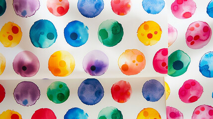 A whimsical polka dot print in vibrant rainbow colors featuring a riot of colorful dots against a...