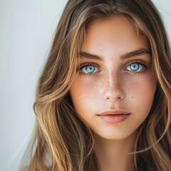 Fototapeta premium A close-up of a woman's face adorned with freckles