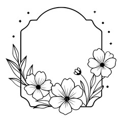 Diamond-shaped floral frame with empty center, adorned with flowers and leaves in a minimalist black and white design, suitable for various decorations