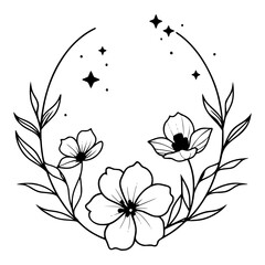 Floral round frame with a large blank central circle surrounded by delicate flowers and leaves, stars embellishing the composition symmetrically