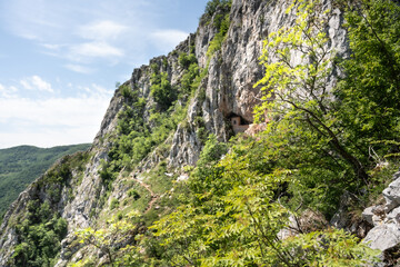 Ovcar and Kablar mountains new West Morava river in Serbia, view of natural park, rocks, trees and fields of grass. Protected Serbian natural park.