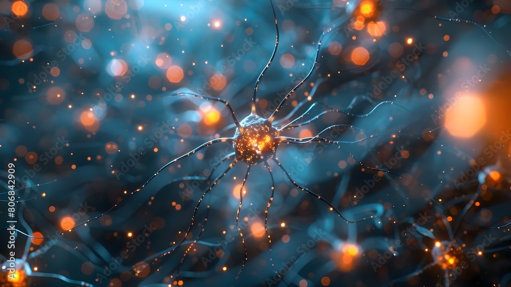 Poster exploring neuron cells in a microscopic view for neural network research. concept neuron cells, micr
