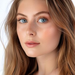 Fototapeta premium blue eyeshadow accentuating expressive blue eyes, long blonde hair cascading down her back