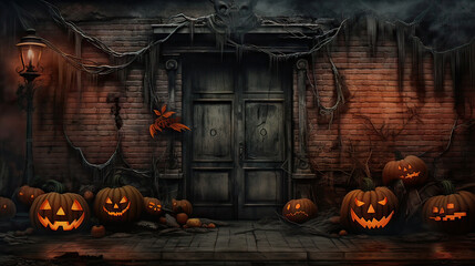 Pumpkins In Graveyard In The Spooky Night - Halloween Backdrop. Generative ai illustration.	