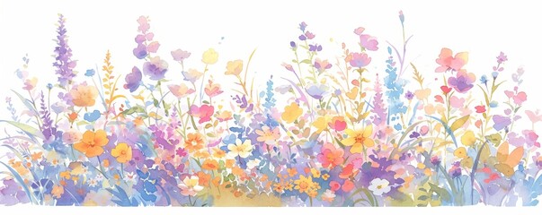 A watercolor painting of colorful wildflowers, blending into each other in the foreground on white background, creating an abstract and artistic composition. 