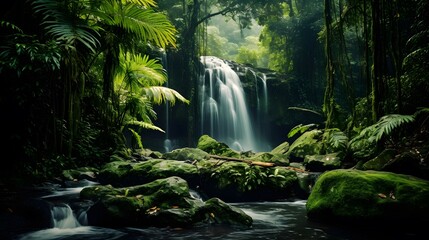 Panoramic view of a beautiful waterfall in a tropical rainforest