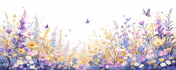A watercolor painting of colorful wildflowers, in various shades and sizes, with delicate petals floating against the white background. 