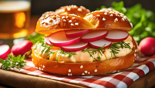 obazda, obatzter, Bretzel, burger, neu, sandwich, wiesn, oktoberfest, close up, essen, modern, laugenbr&ouml;tchen, salz, kariert, M&uuml;nchen, bayer, bayrisch, traditionell, gastronomie, restaurant, radi, 