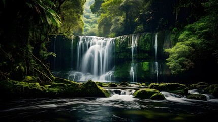 Panoramic view of beautiful waterfall in the forest with green moss