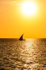 Traditional sail boat dhow at the Indian ocean when sunset