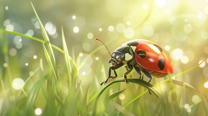 A tiny ladybug with cheerful red wings and a smiling face, perched on a blade of grass.