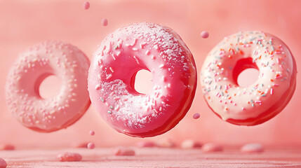 Flying Pink donuts with sprinkles on peach background. National Donut Day. Copy space