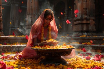 A woman is sitting in a temple adorned with flowers