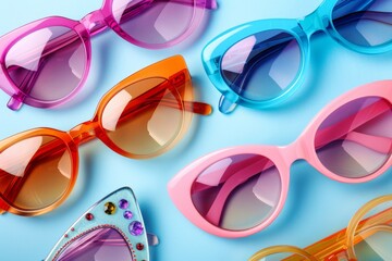 Collection of various fashionable sunglasses on bright background from above view