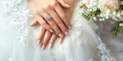 close-up of the bride's hand on her dress, showing off the ring and flower bouquet.