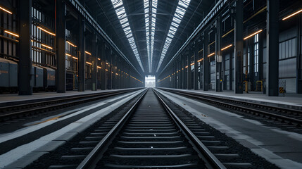 Rails lay the path forward , a long train track in empty large train station building ,Urban transportation , rail longer , no people , no trains , Passenger transport station, goods transport station - Powered by Adobe