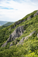 Ovcar and Kablar mountains new West Morava river in Serbia, view of natural park, rocks, trees and fields of grass. Protected Serbian natural park.